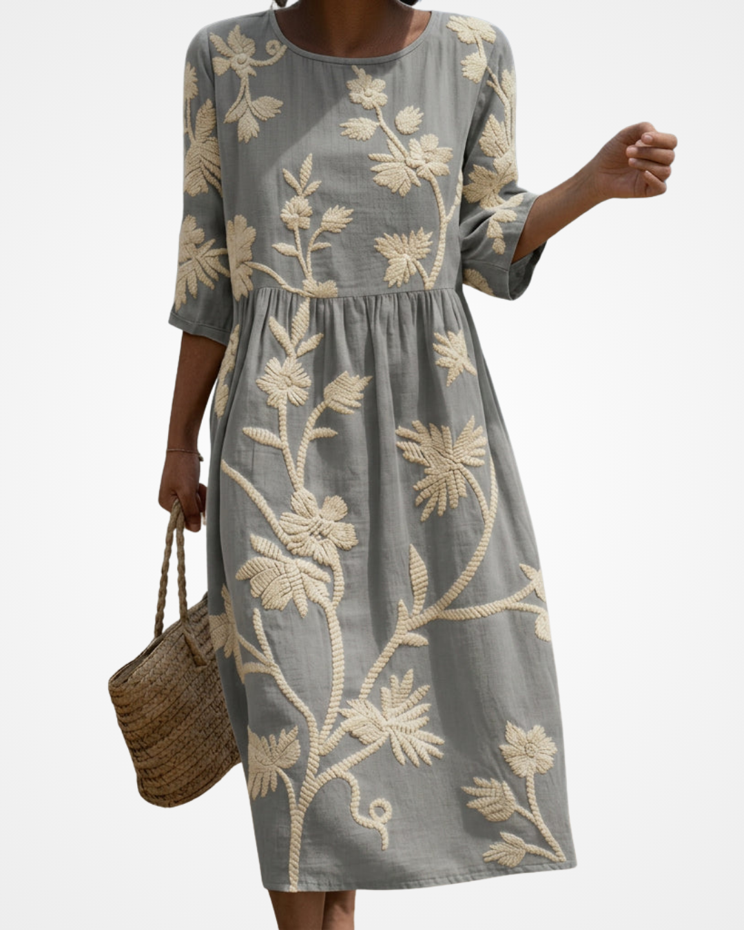 Simone | Midi Dress with Plant and Flower Embroidery