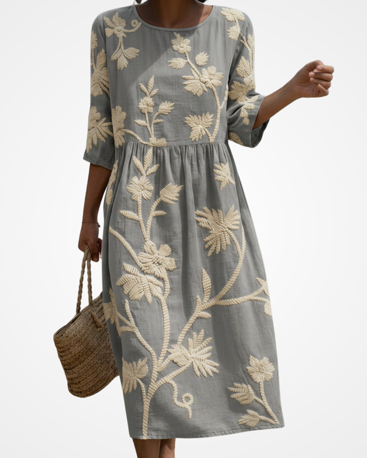 Simone | Midi Dress with Plant and Flower Embroidery