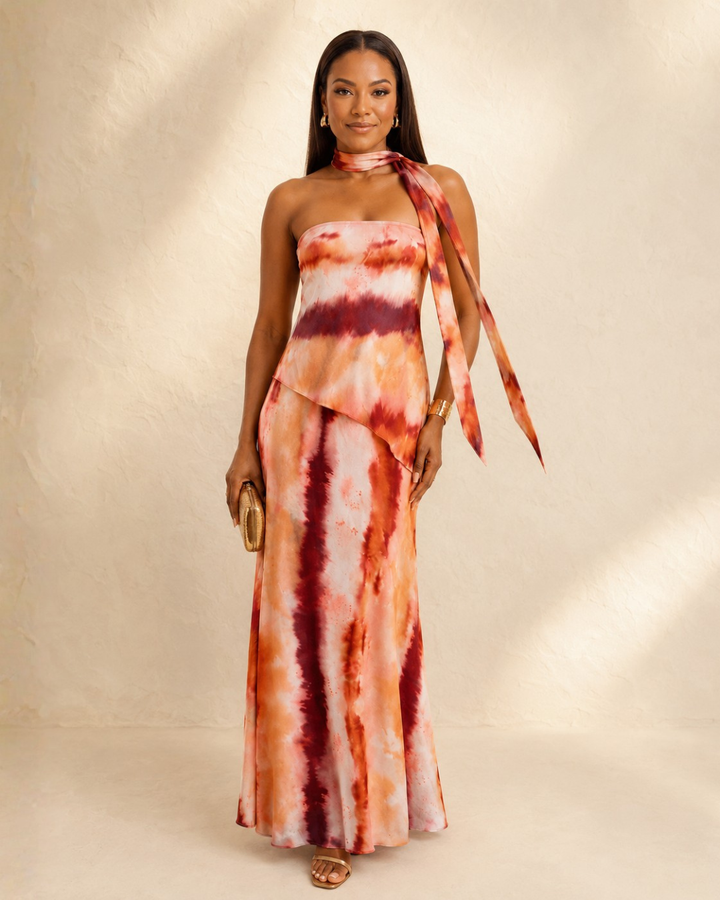 Cara | Long printed dress with strapless neckline