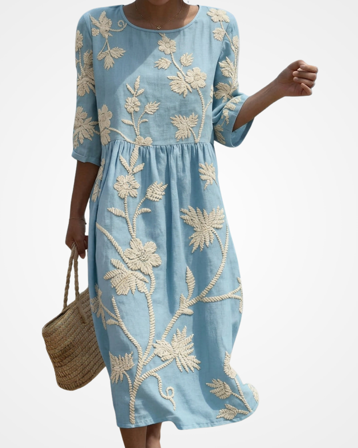 Amber | Midi Dress with Plant and Flower Embroidery