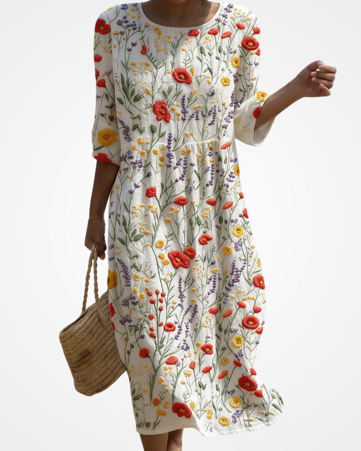 Precious | Maxi Dress with Round Neck and Floral Embroidery