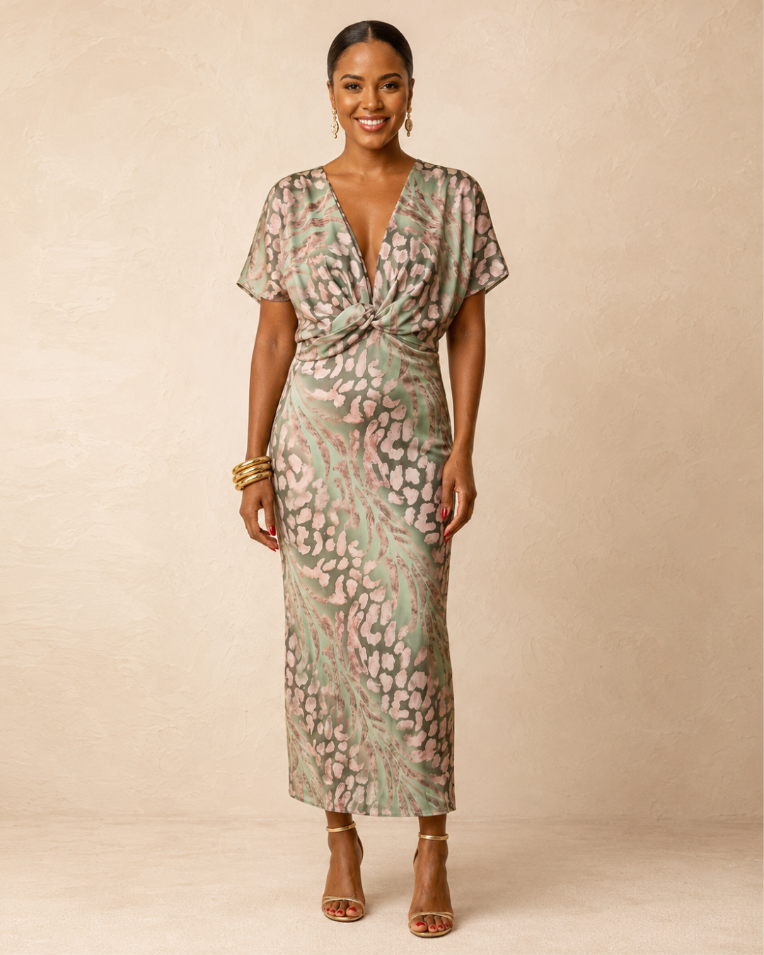 Megan | Midi Dress with Slimming Effect, Central Knot, and Fluid Drape