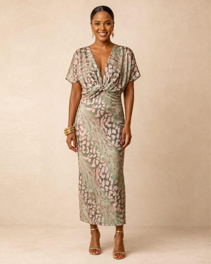 Megan | Midi Dress with Slimming Effect, Central Knot, and Fluid Drape