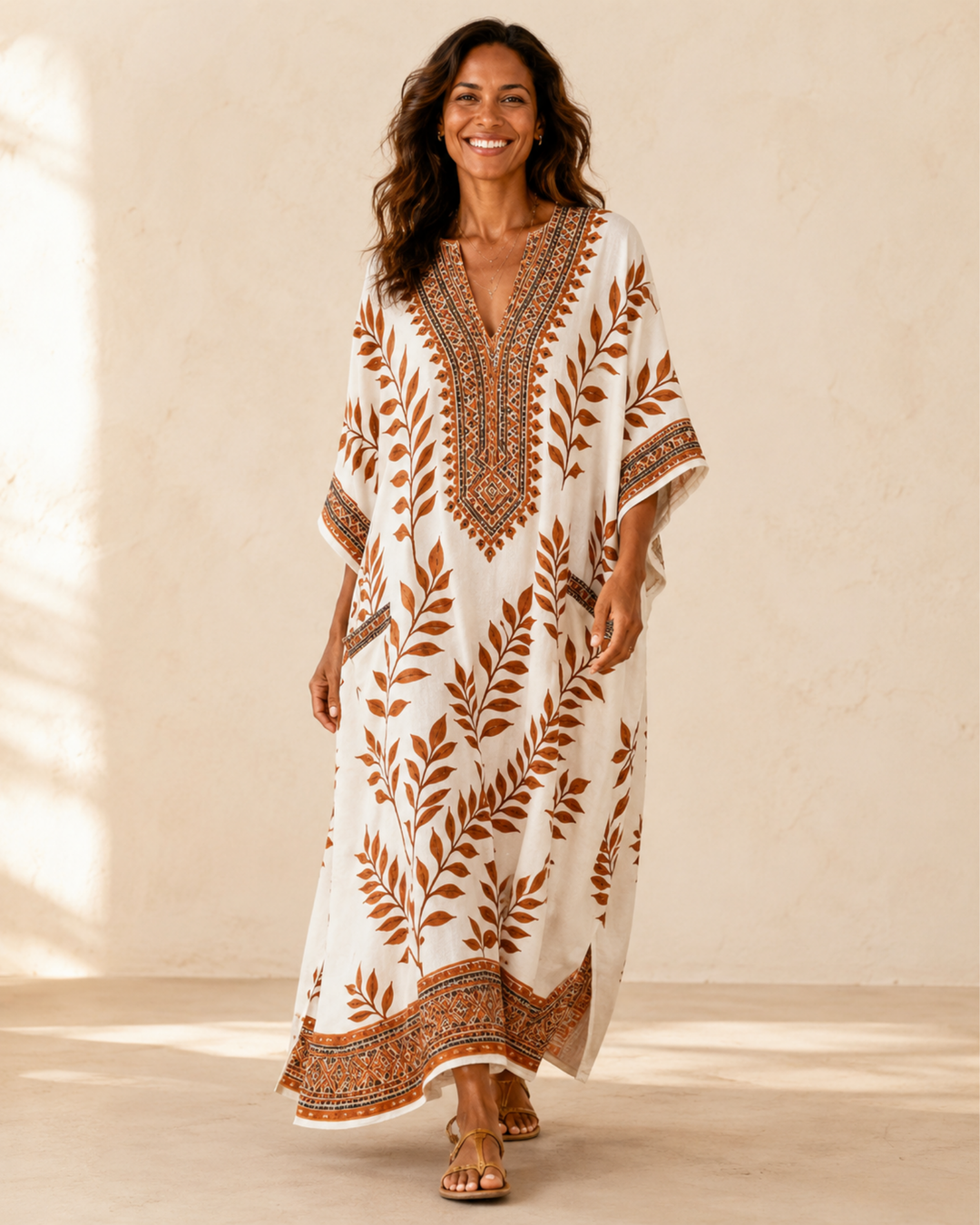 Nora Cream Botanical Caftan