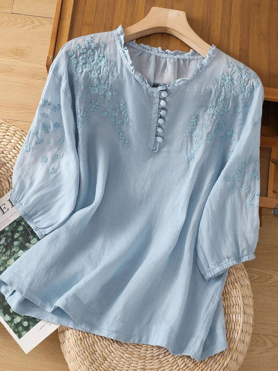 Kissina | Embroidered Cotton and Linen Blouse