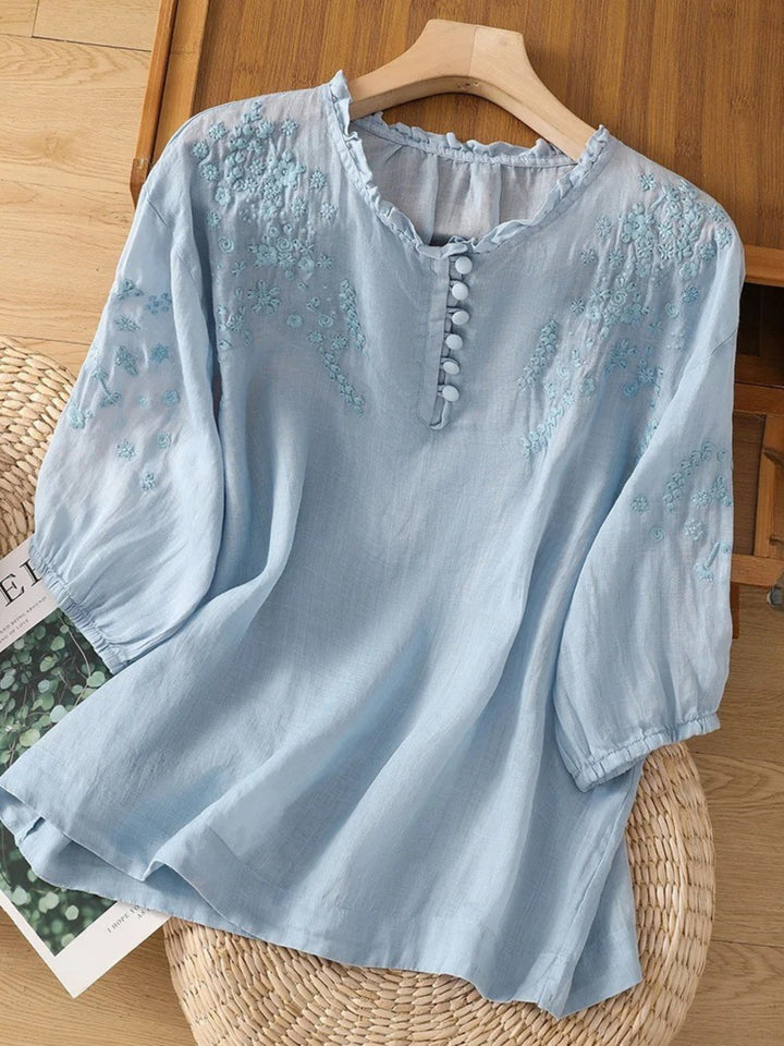 Kissina | Embroidered Cotton and Linen Blouse