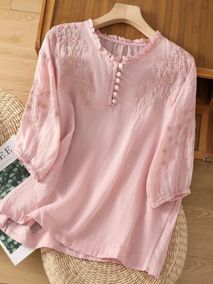Kissina | Embroidered Cotton and Linen Blouse