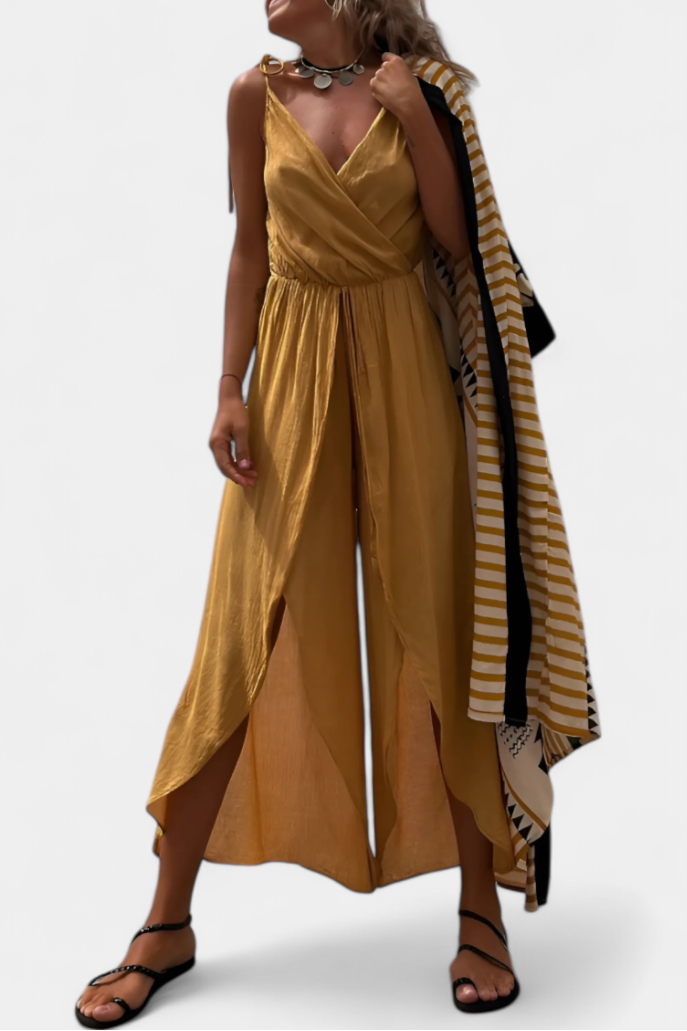 Donatila | Washed Cotton Jumpsuit with Side Openings and Crossed Neckline