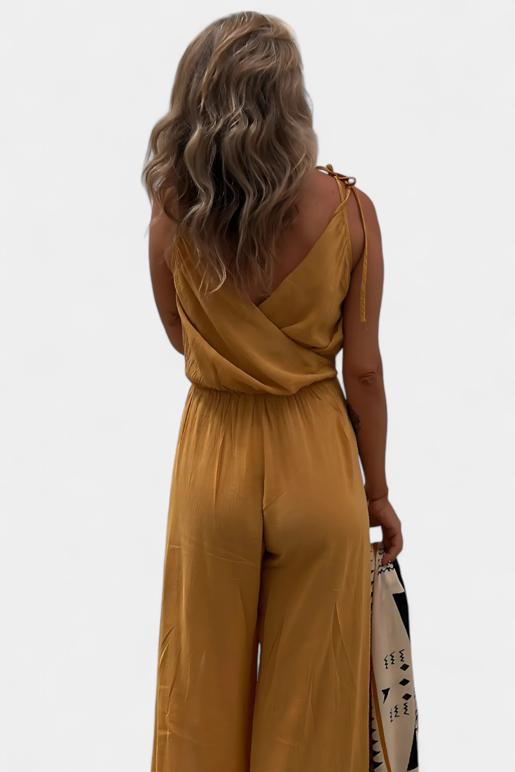 Donatila | Washed Cotton Jumpsuit with Side Openings and Crossed Neckline