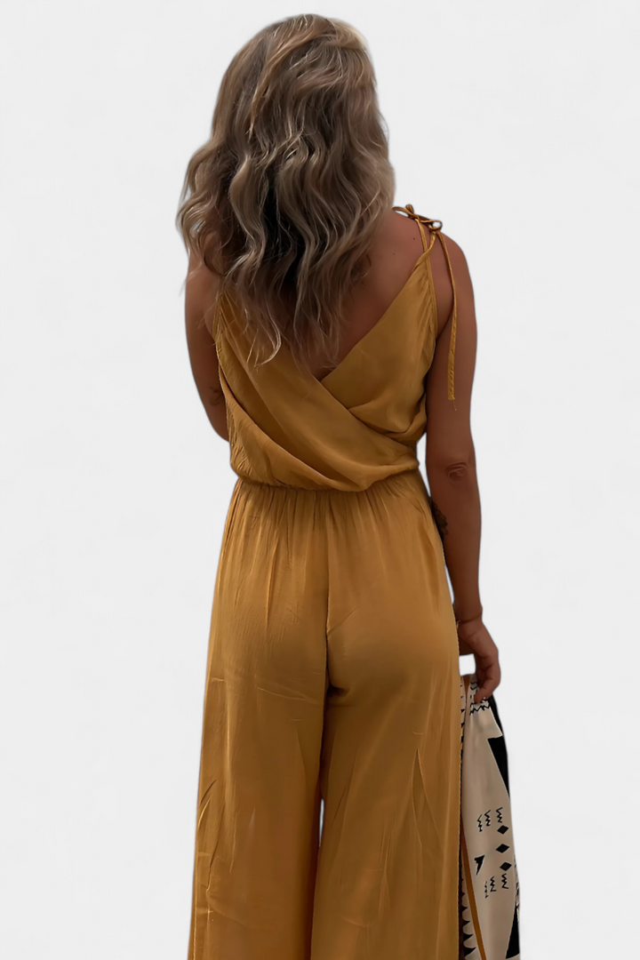 Donatila | Washed Cotton Jumpsuit with Side Openings and Crossed Neckline