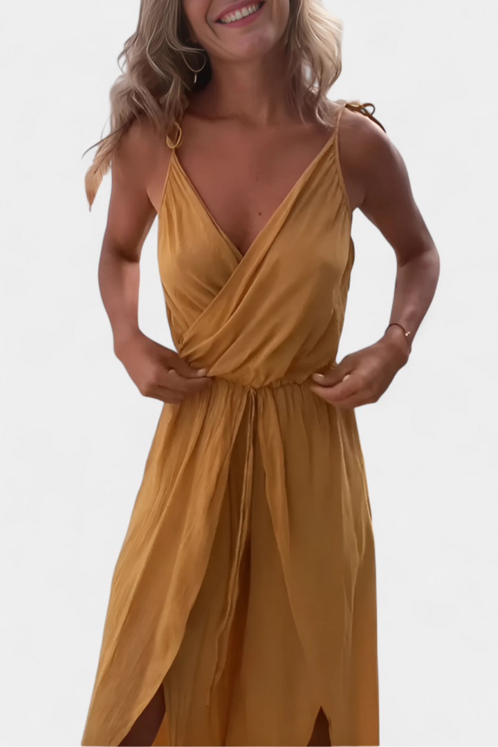 Donatila | Washed Cotton Jumpsuit with Side Openings and Crossed Neckline