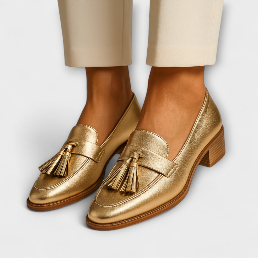 Celeste | Golden Loafers with Elegant Tassels