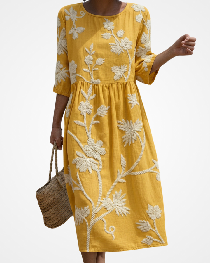 Chanté | Midi Dress with Plant and Flower Embroidery