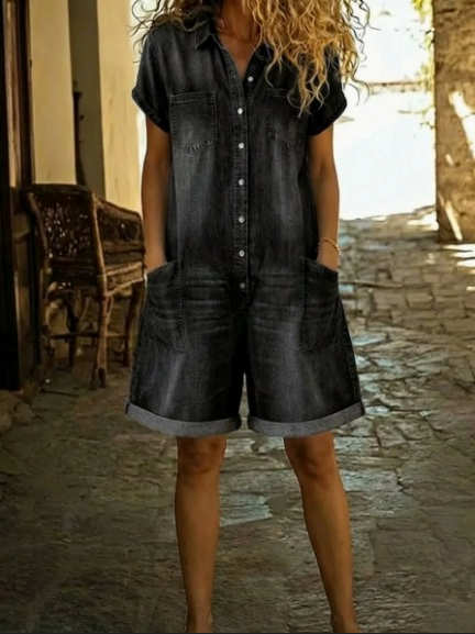 Elvora | Denim Jumpsuit with Collar and Short Sleeves