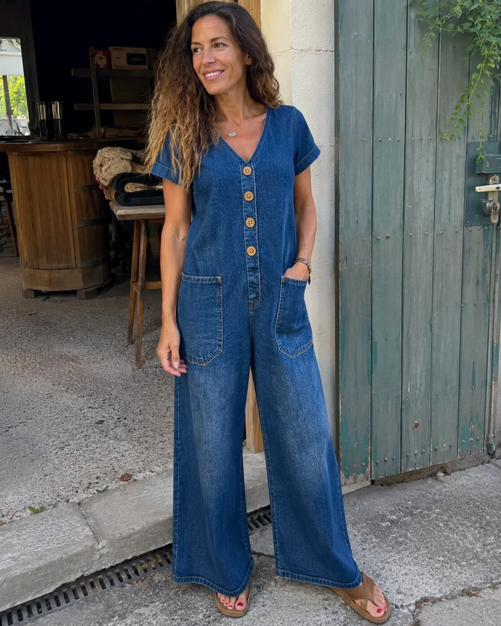 Denise | Denim Jumpsuit with V-Neck and Short Sleeves