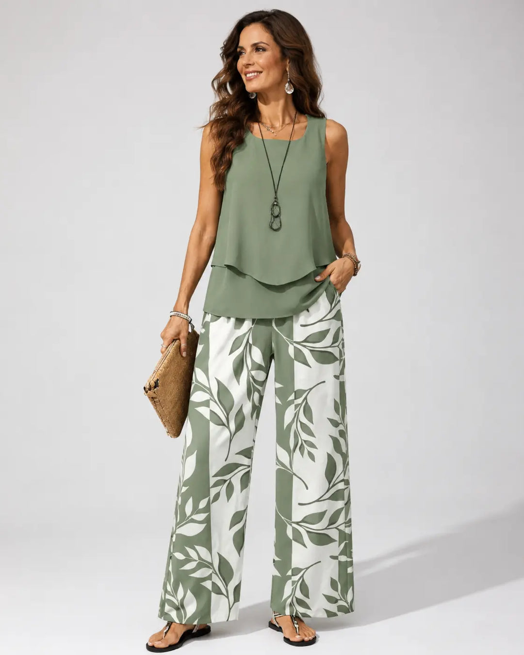 Petronila | Sage Green Botanical Blouse and Pants Set