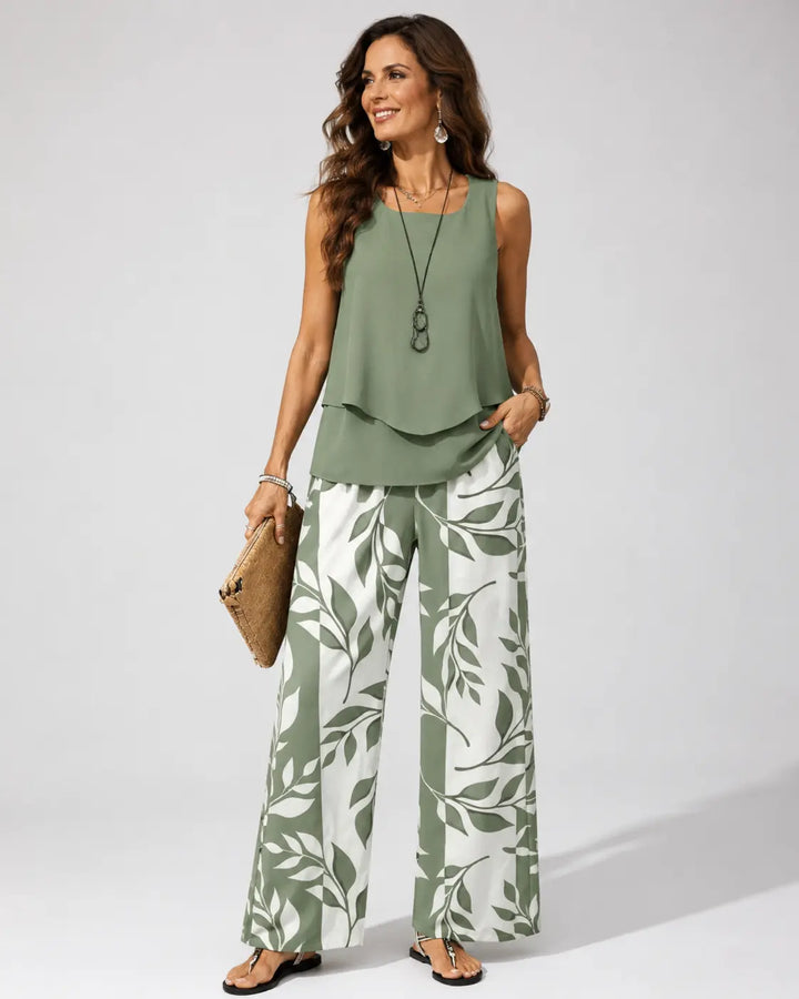 Petronila | Sage Green Botanical Blouse and Pants Set