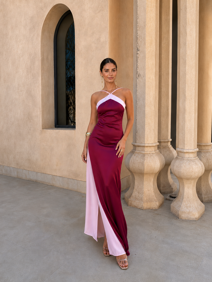 Chanté | Satin long dress with crossover neckline