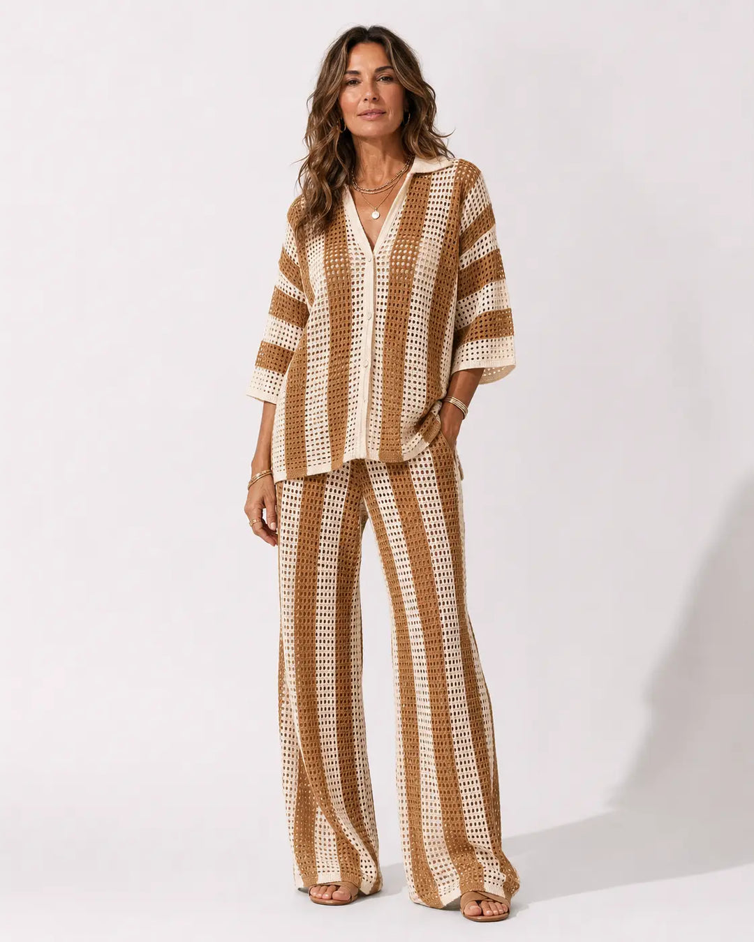 Zenaida | Striped Crochet Kimono and Pants Set