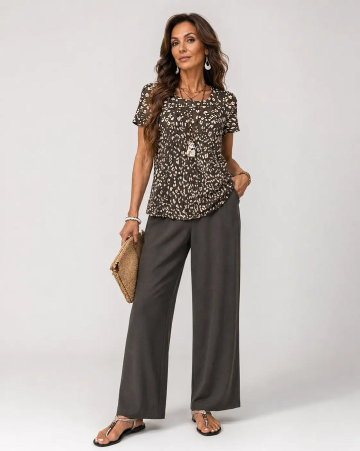 Higinia | Animal Print Top and Wide Leg Pants Set