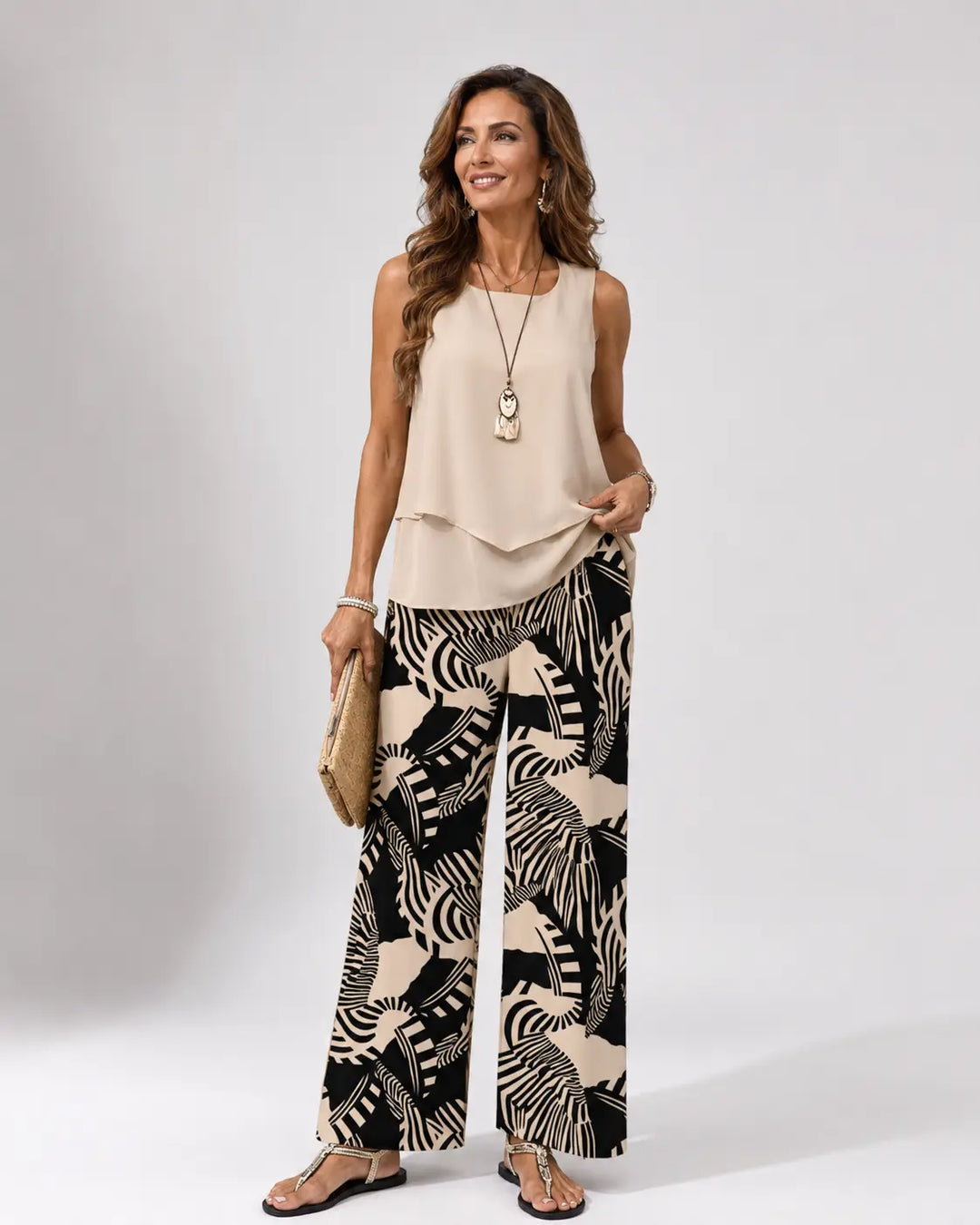 Ignacia | Beige Blouse and Botanical Pant Set