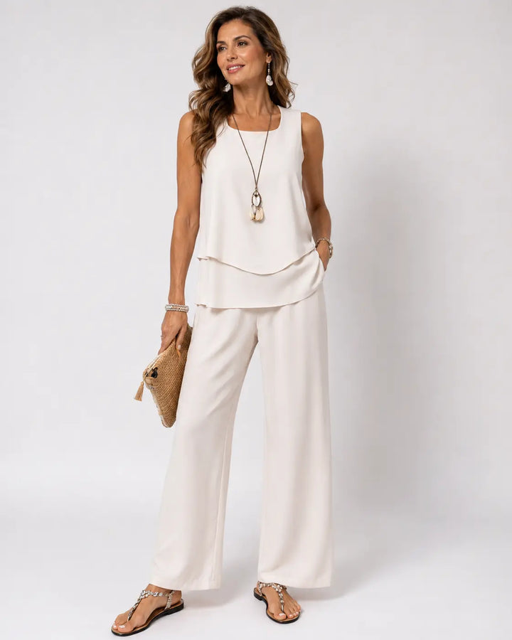 Leandra | Cream Satin Finish Layered Top and Pants Set