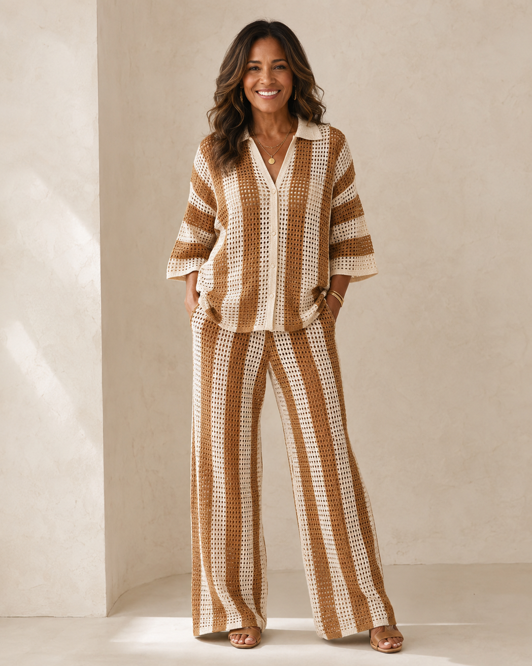 Zenaida | Striped Crochet Kimono and Pants Set