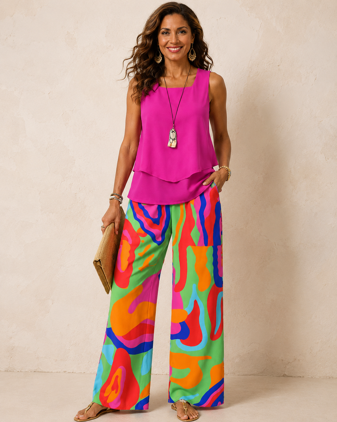 Clotilde | Pink Top and Abstract Pants Set