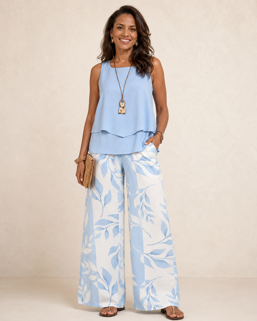 Olalla | Sky Blue Two-Piece Set Blouse and Botanical Pants