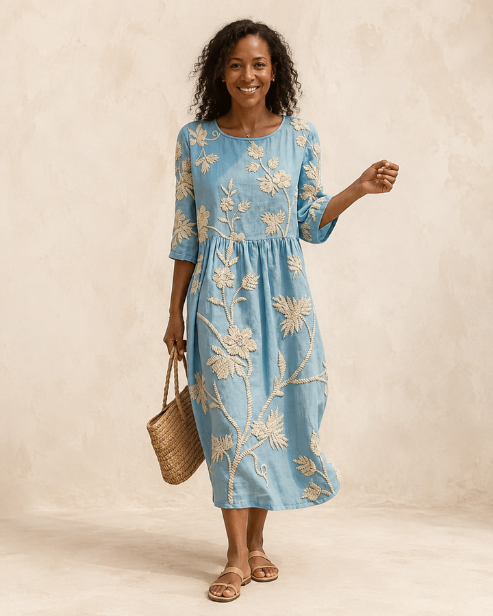 Amber | Midi Dress with Plant and Flower Embroidery