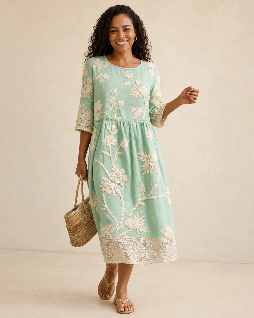 Naledi | Midi Dress with Plant and Flower Embroidery