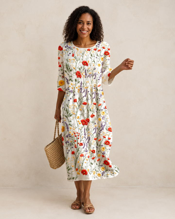 Precious | Maxi Dress with Round Neck and Floral Embroidery