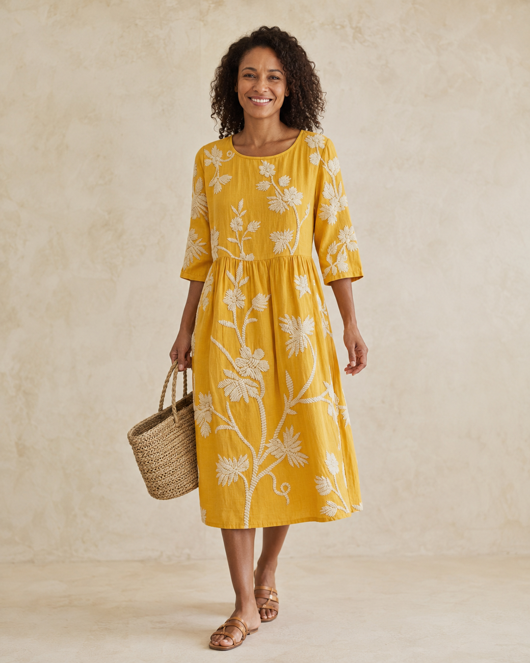 Chanté | Midi Dress with Plant and Flower Embroidery