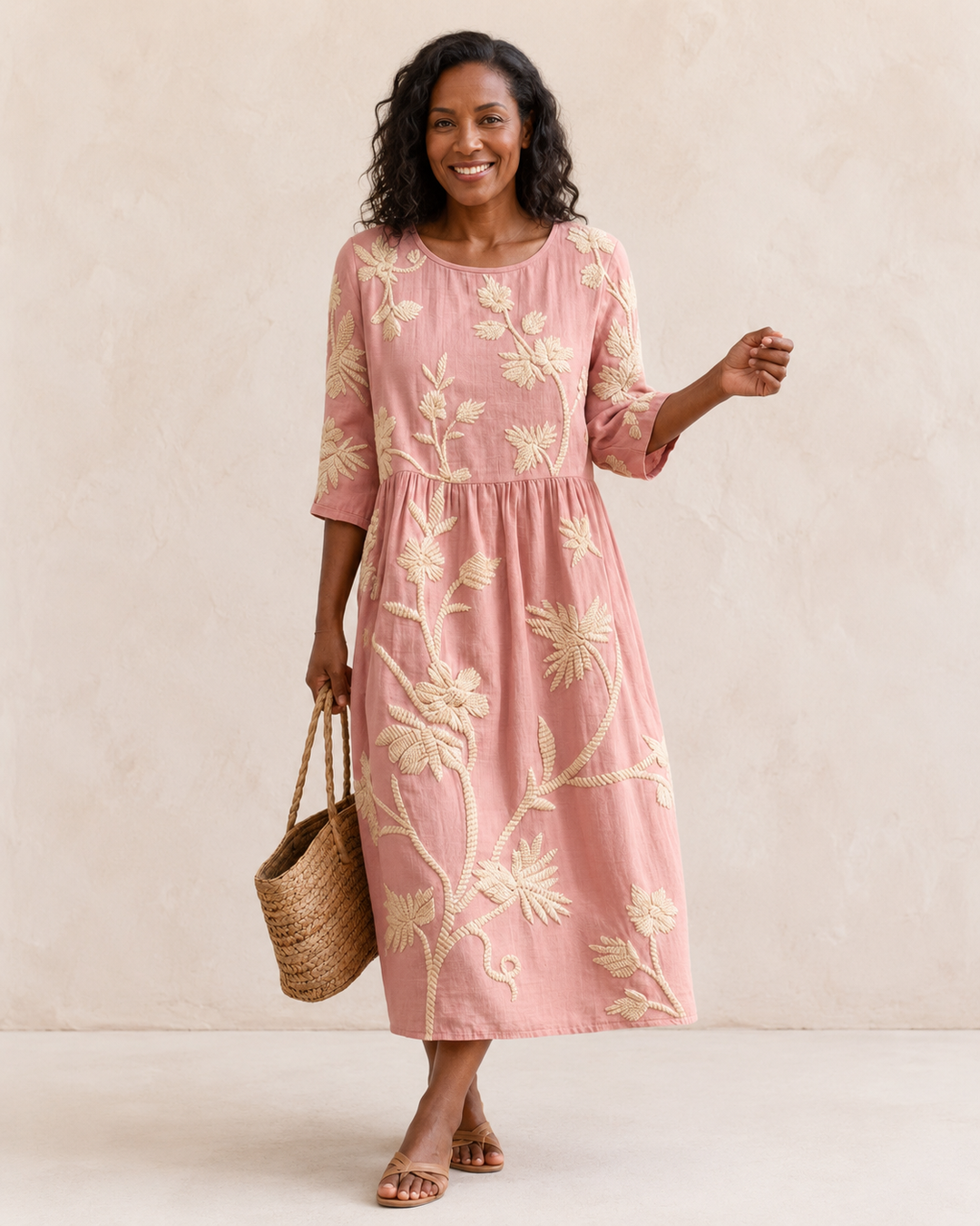 Tarryn | Midi Dress with Plant and Flower Embroidery
