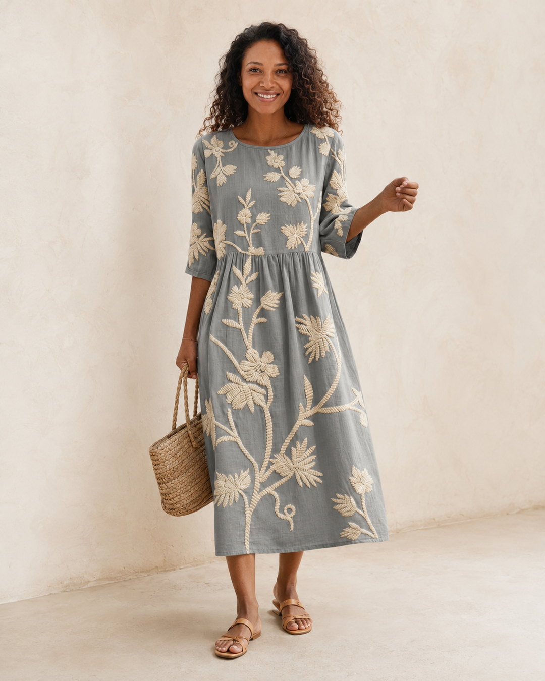Simone | Midi Dress with Plant and Flower Embroidery