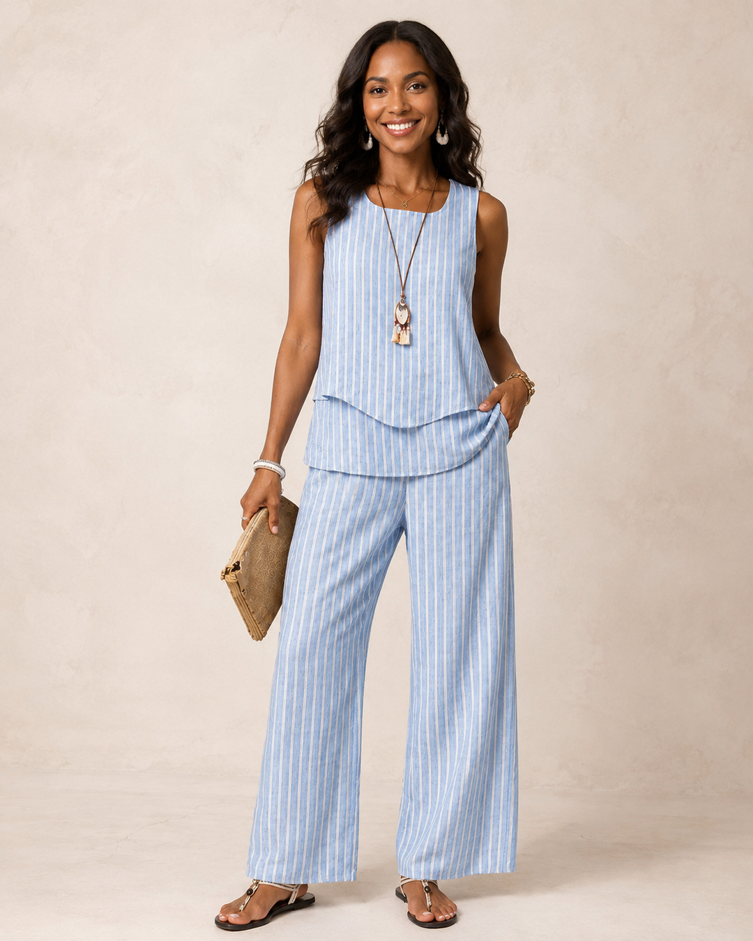 Nicolasa | Blue Striped Top and Wide Leg Pants Set