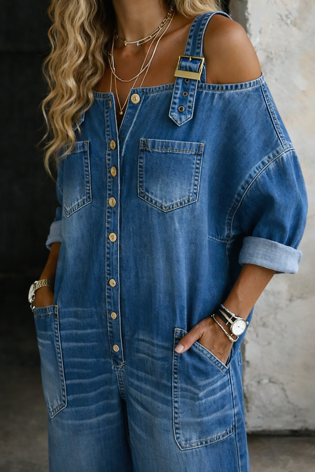 Zanele | Pernelle | Tuta in denim con spalle scoperte