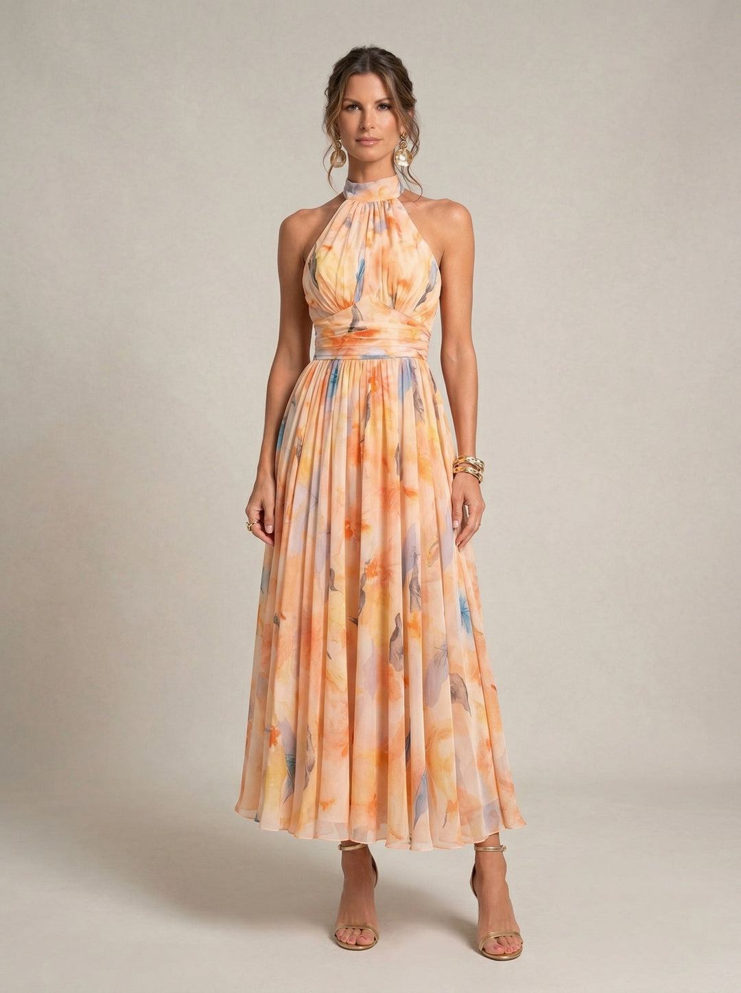 Chloe | Halter Neck Dress with Watercolor Print