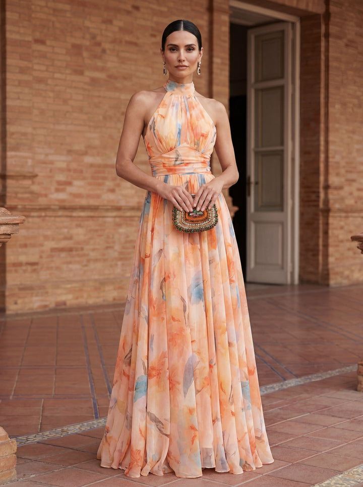 Chloe | Halter Neck Dress with Watercolor Print