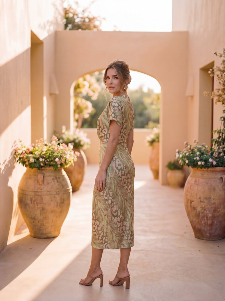 Megan | Midi Dress with Slimming Effect, Central Knot, and Fluid Drape