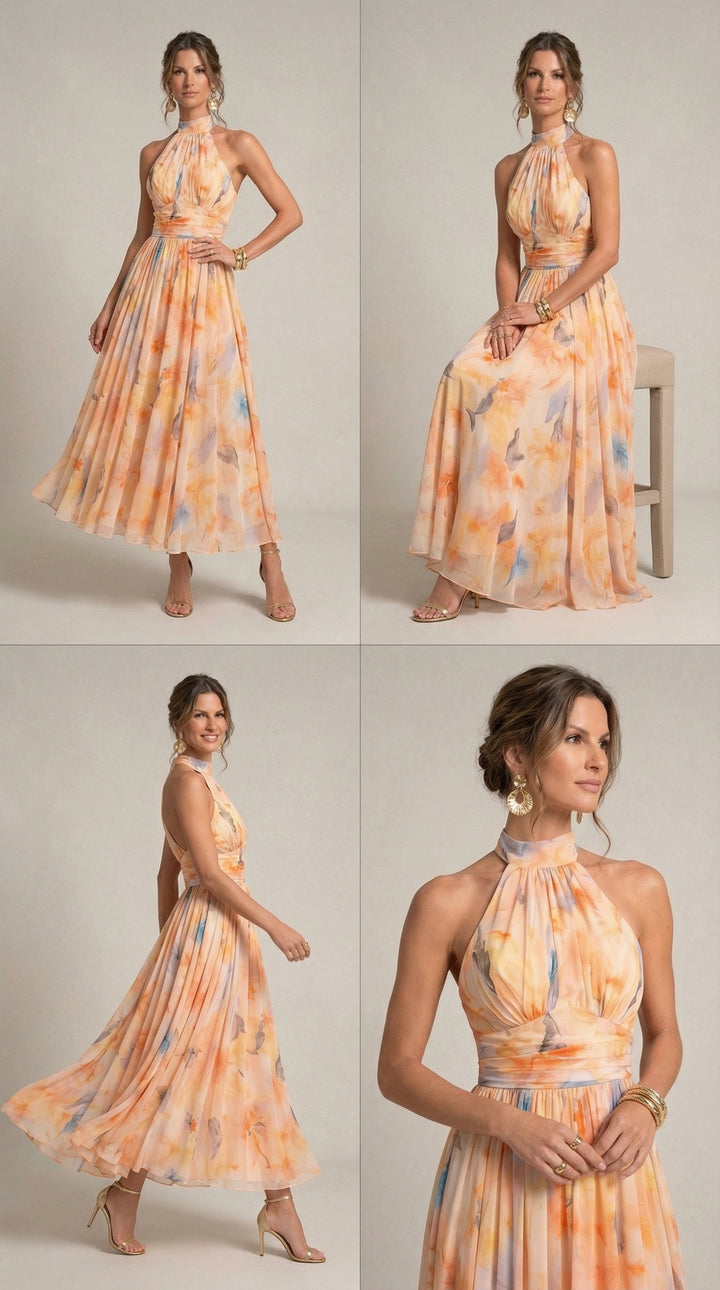 Chloe | Halter Neck Dress with Watercolor Print