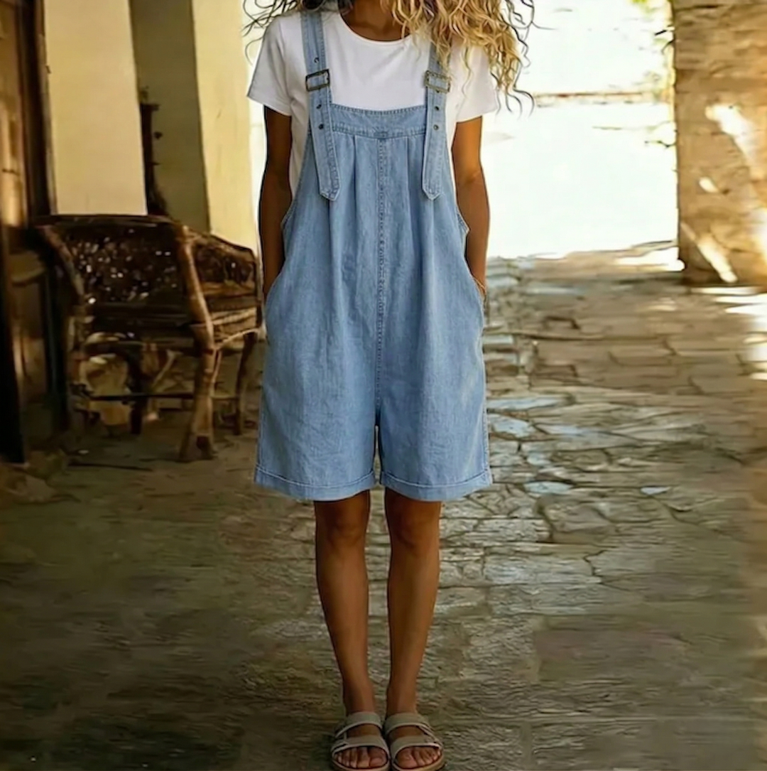 Qiniso | Ondine | Salopette corta in denim blu chiaro