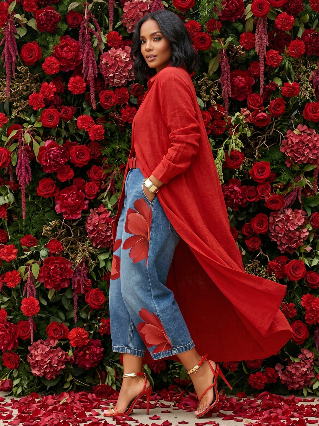 Amalia | Casual Jeans with Red Artistic Print