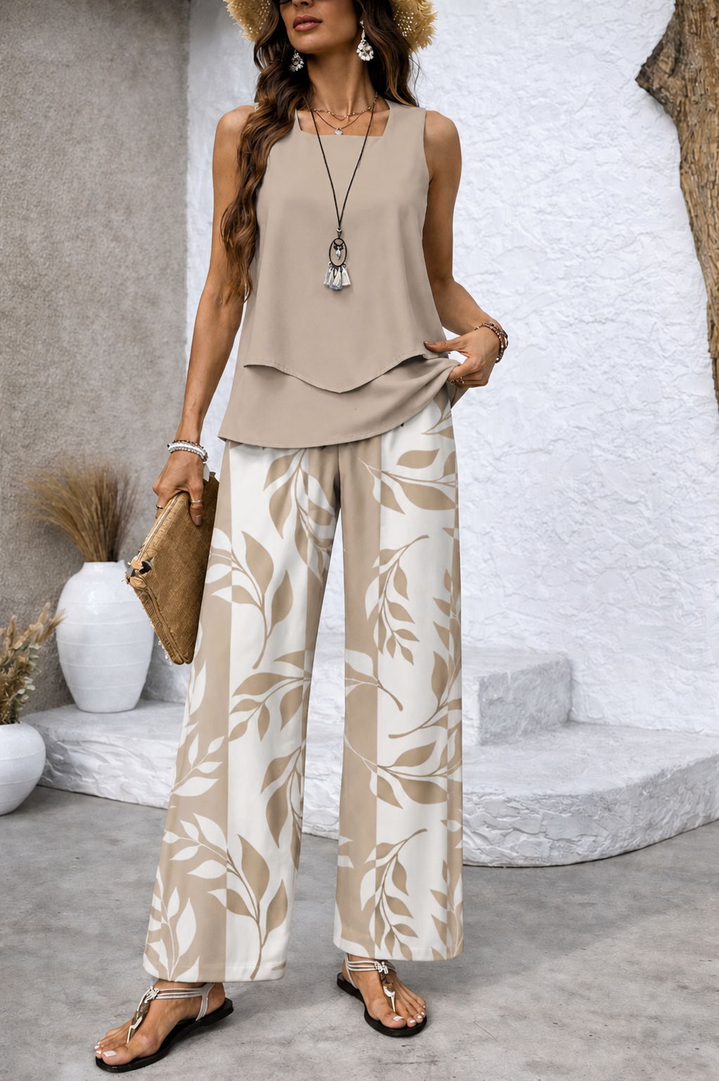 Ernestina | Natural Set Beige Blouse and Botanical Pants