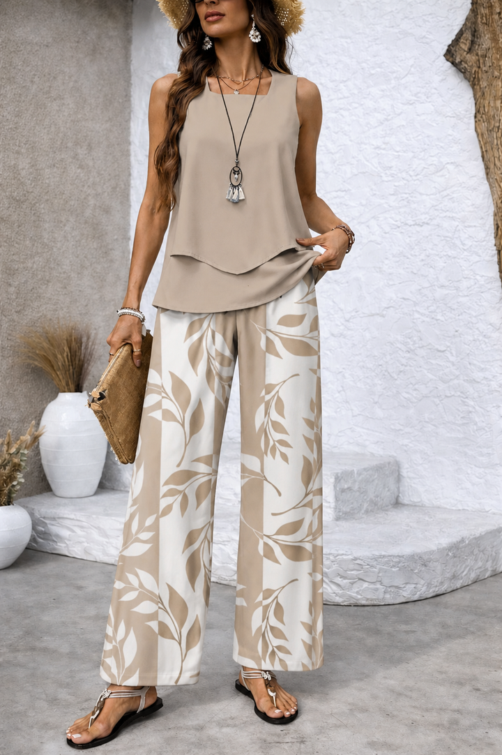Ernestina | Natural Set Beige Blouse and Botanical Pants
