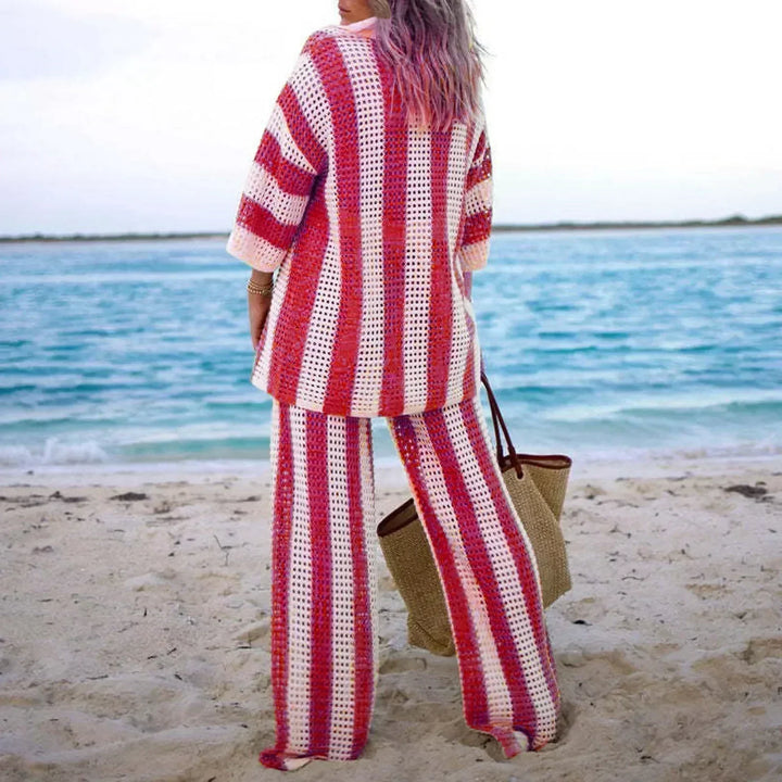 Zenaida | Striped Crochet Kimono and Pants Set