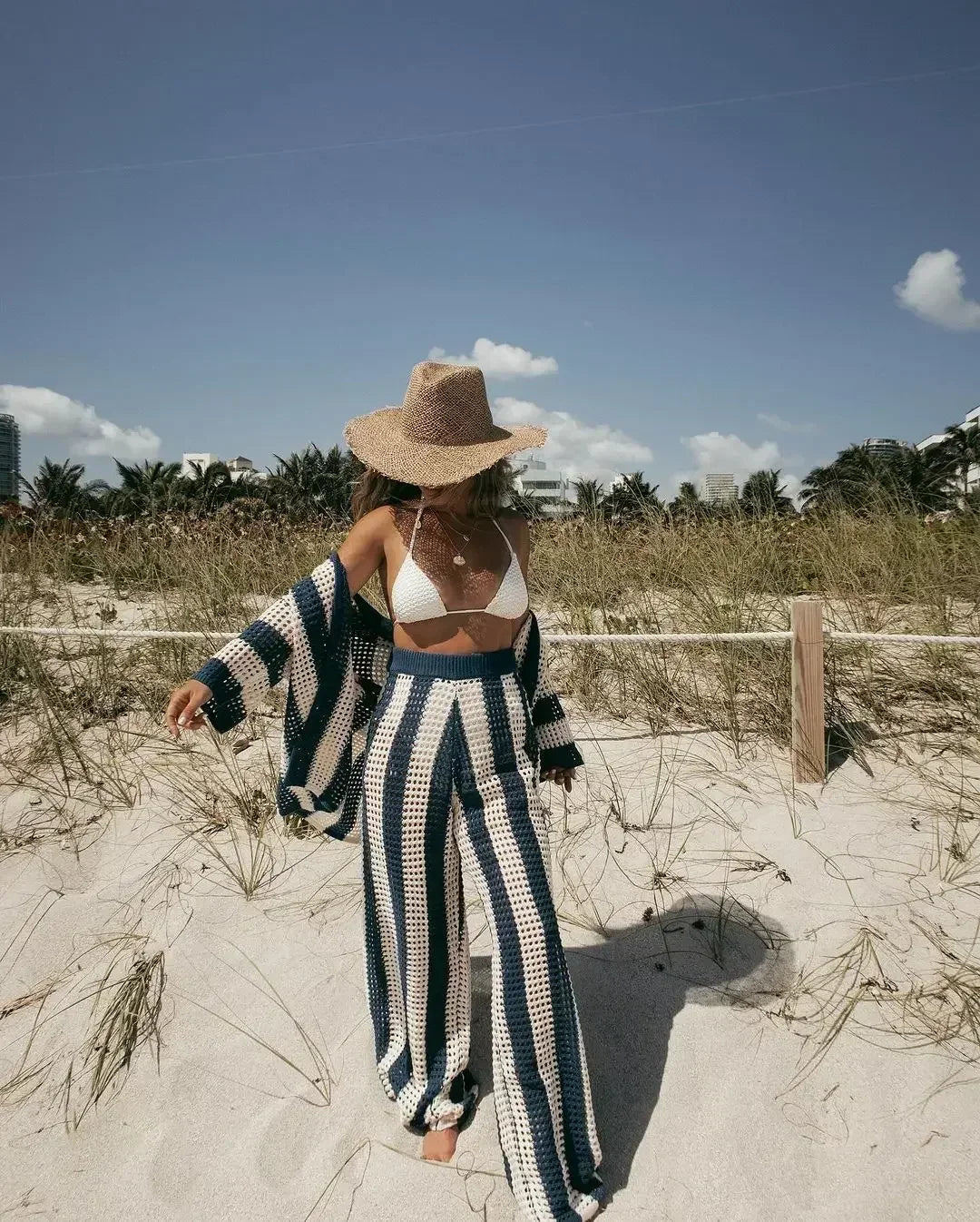 Zenaida | Striped Crochet Kimono and Pants Set