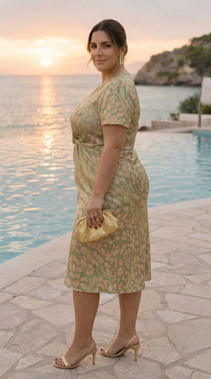 Megan | Midi Dress with Slimming Effect, Central Knot, and Fluid Drape