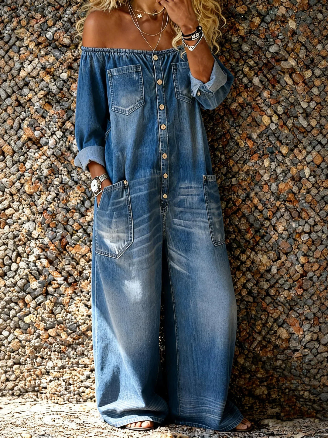 Noa | Denim Jumpsuit with Off-Shoulder Neckline