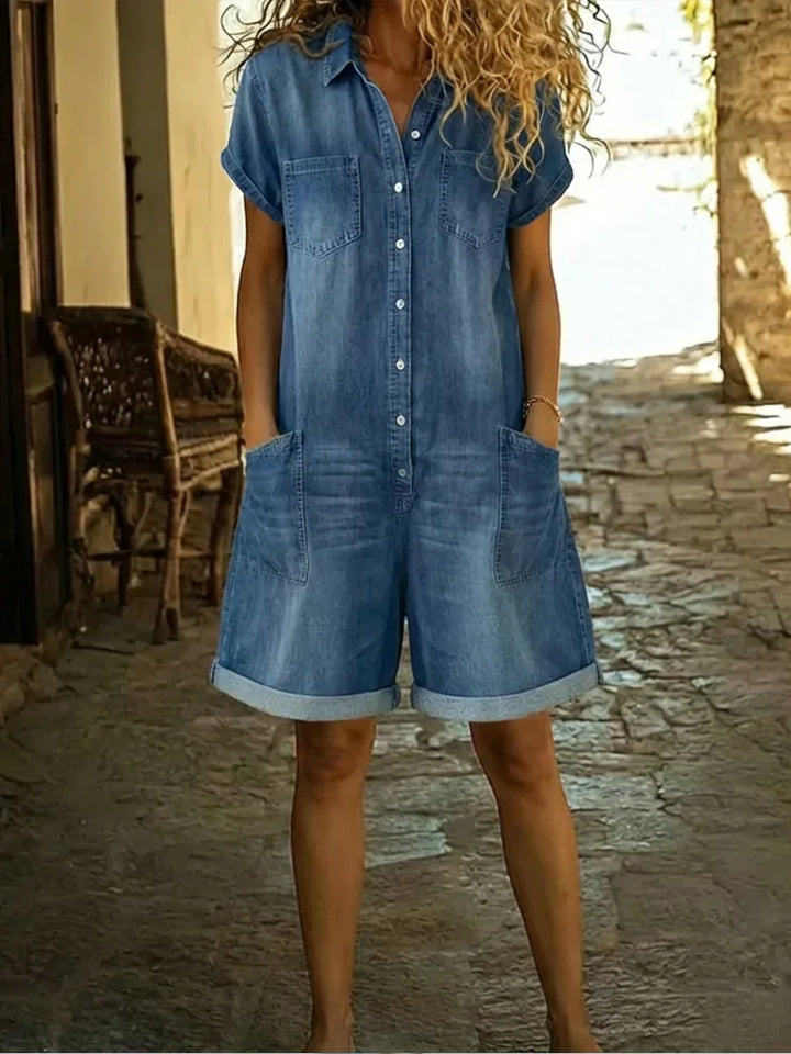 Elvora | Denim Jumpsuit with Collar and Short Sleeves